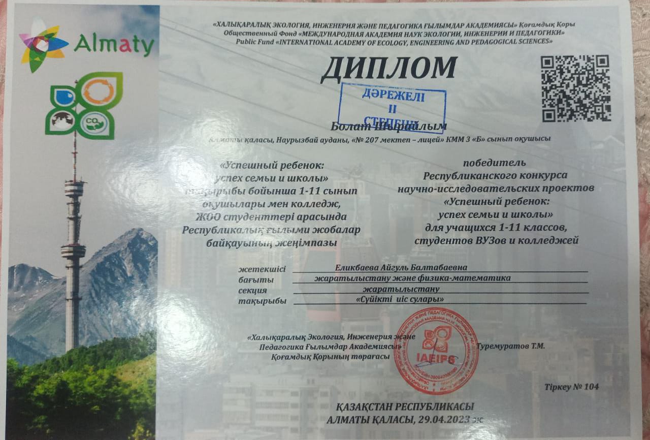 №207 мектеп-лицей оқушысы Болат Шырайлым «Успешный ребенок: успех семьи и школы»айқауының ІІ дәрежелі дипломымен марапатталды